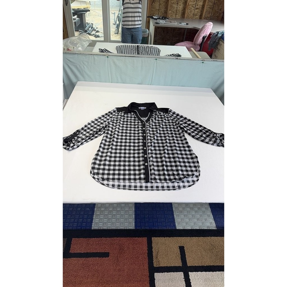 Nygard Womens Black White Checkered Button Up Shirt Blouse 3/4 Sleeve Large